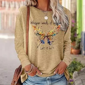 Топы для женщин Неполный принт бабочки Круглый вырез Длинный рукав Футболка Осенний повседневный тонкий пуловер Женский топ с длинным рукавом XS розовый