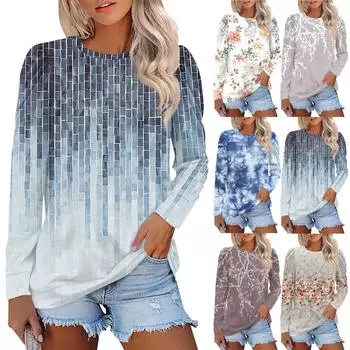 Топы для женщин, осенние рубашки с длинным рукавом, повседневные свитера с круглым вырезом, мягкие свободные топы с принтом L синий