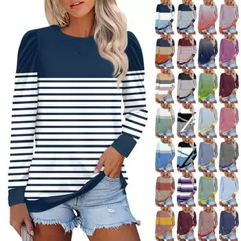 Топы для женщин, осенние рубашки с длинным рукавом, повседневные свитера с круглым вырезом, мягкие свободные топы с принтом L тёмно-синий