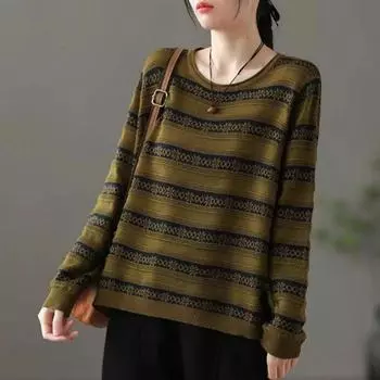 Топы для женщин, осенняя полосатая рубашка, женский пуловер с длинным рукавом, удобный нижний пуловер, топ Average Size кофейный