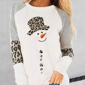 Топы для женщин, озорной принт снеговика, круглый вырез, длинный рукав, футболка, осенний повседневный тонкий пуловер, женский топ с длинным рукавом XS белый