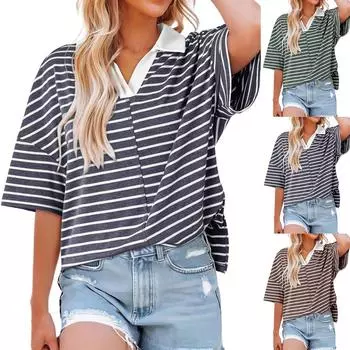 Топы для женщин Полосатые модные футболки больших размеров для женщин L чёрный