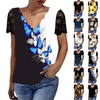 Топы для женщин, повседневные футболки с цветочным принтом, рябь, V-образный вырез, кружевные тюлевые футболки с короткими рукавами