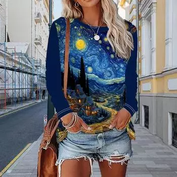 Топы для женщин, принт «Ночное звездное небо», круглый вырез, длинный рукав, футболка, осенний повседневный тонкий пуловер, женский топ с длинным рукавом XS синий