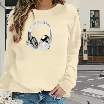 Топы для женщин Простые наушники Принт Круглый вырез Длинный рукав Футболка Осенний повседневный тонкий пуловер Женский длинный рукав Топ XS розовый
