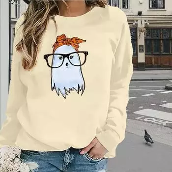 Топы для женщин, простые очки, призрачный принт, круглый вырез, длинный рукав, футболка, осенний повседневный тонкий пуловер, женский топ с длинным рукавом XS розовый