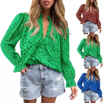 Топы для женщин, пуловер с длинным рукавом, повседневные рубашки с V-образным вырезом и пуговицами, топ S зелёный