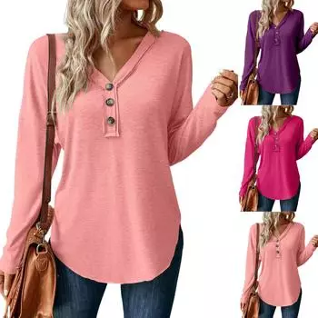 Топы для женщин, пуловер с длинным рукавом, повседневные рубашки с V-образным вырезом и пуговицами, топ XS фиолетовый