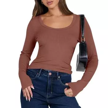 Топы для женщин, пуловеры с длинными рукавами, повседневные рубашки, топ L коричневый