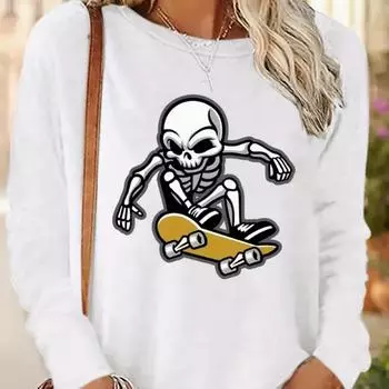 Топы для женщин Q-версия Скелет Принт Круглый вырез Длинный рукав Футболка Осенний повседневный тонкий пуловер Женский длинный рукав Топ XS белый
