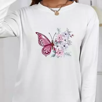 Топы для женщин, розовая бабочка, цветочный принт, круглый вырез, длинный рукав, футболка, осенний повседневный тонкий пуловер, женский топ с длинным рукавом XS белый