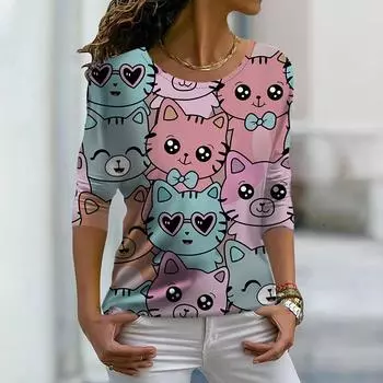 Топы для женщин, розовая футболка с 3D-принтом и круглым вырезом, с длинными рукавами, осенний повседневный тонкий пуловер, женский топ с длинными рукавами XS розовый