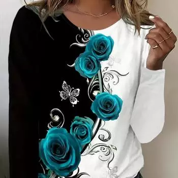 Топы для женщин с 3D-цветочным принтом роз, круглым вырезом и длинным рукавом, футболка, осенний повседневный тонкий пуловер, женский топ с длинным рукавом XS фиолетовый