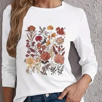 Топы для женщин с 3D-цветочным принтом и круглым вырезом, футболка с длинным рукавом, осенний повседневный тонкий пуловер, женский топ с длинным рукавом XS белый
