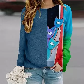 Топы для женщин с 3D креативным принтом животных, круглый вырез, длинный рукав, футболка, осенний повседневный тонкий пуловер, женский топ с длинным рукавом XS фиолетовый