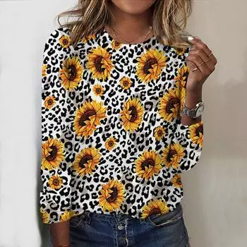 Топы для женщин с 3D леопардовым принтом подсолнухов, круглым вырезом и длинным рукавом, футболка, осенний повседневный тонкий пуловер, женский топ с длинным рукавом XS розовый