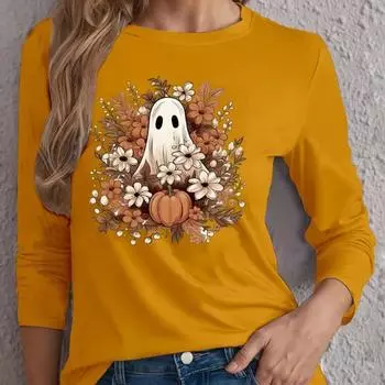 Топы для женщин с акварельной живописью и принтом тыквы-призрака, круглым вырезом и длинным рукавом, осенний повседневный тонкий пуловер, женский топ с длинным рукавом XS чёрный