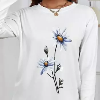 Топы для женщин с белым цветочным принтом, круглым вырезом и длинным рукавом, футболка, осенний повседневный тонкий пуловер, женский топ с длинным рукавом XS белый