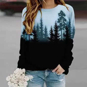 Топы для женщин с цветным принтом деревьев, круглым вырезом и длинным рукавом, футболка, повседневный тонкий женский топ с длинным рукавом XS фиолетовый