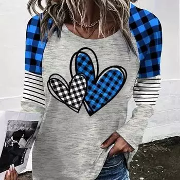 Топы для женщин с цветным принтом Love, круглым вырезом и длинным рукавом, футболка, повседневный тонкий женский топ с длинным рукавом XS фиолетовый