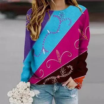 Топы для женщин с цветным принтом «разбитые цветы» с круглым вырезом и длинными рукавами, осенний повседневный тонкий пуловер, женский топ с длинными рукавами XS фиолетовый