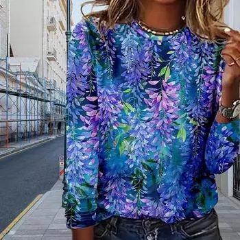Топы для женщин с цветным растительным принтом, круглым вырезом и длинным рукавом, футболка, осенний повседневный тонкий пуловер, женский топ с длинным рукавом XS фиолетовый
