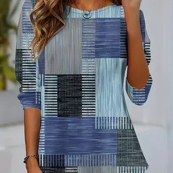 Топы для женщин с цветным сетчатым принтом, круглым вырезом и длинным рукавом, футболка, осенний повседневный тонкий пуловер, женский топ с длинным рукавом XS синий