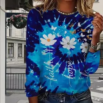 Топы для женщин с цветочным принтом и круглым вырезом, футболка с длинным рукавом, осенний повседневный тонкий пуловер, женский топ с длинным рукавом XS синий