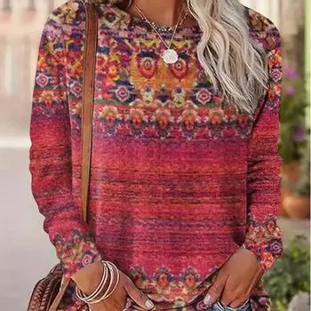 Топы для женщин с цветочным принтом тотемных цветов, круглым вырезом и длинными рукавами, осенний повседневный тонкий пуловер, женский топ с длинными рукавами XS розовый