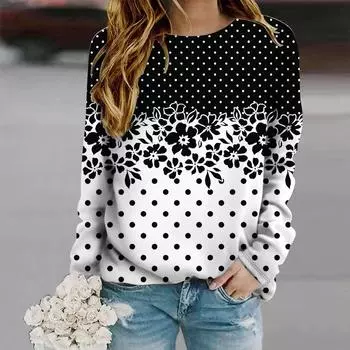 Топы для женщин с цветочным принтом в горошек, круглым вырезом и длинным рукавом, футболка, осенний повседневный тонкий пуловер, женский топ с длинным рукавом XS фиолетовый