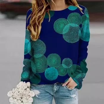 Топы для женщин с геометрическим принтом и круглым вырезом, футболка с длинным рукавом, осенний повседневный тонкий пуловер, женский топ с длинным рукавом XS розовый