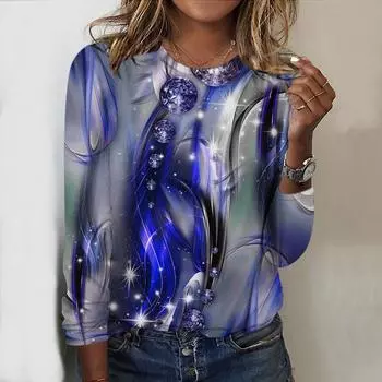 Топы для женщин с геометрическим ромбовидным принтом, круглым вырезом и длинным рукавом, футболка, осенний повседневный тонкий пуловер, женский топ с длинным рукавом XS фиолетовый