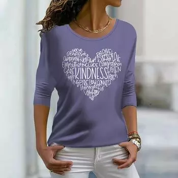 Топы для женщин с красивым 3D принтом в виде буквы «любовь», круглым вырезом и длинным рукавом, футболка, осенний повседневный тонкий пуловер, женский топ с длинным рукавом XS фиолетовый