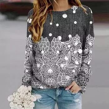 Топы для женщин с креативным цветочным принтом в горошек, круглым вырезом и длинным рукавом, футболка, повседневный тонкий женский топ с длинным рукавом XS фиолетовый