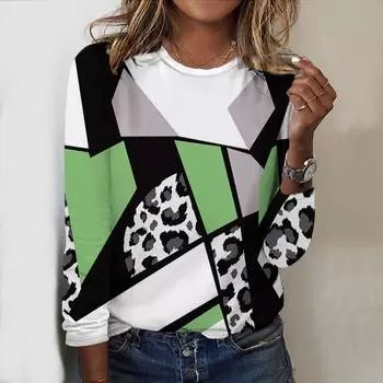 Топы для женщин с леопардовым принтом и круглым вырезом, футболка с длинным рукавом, осенний повседневный тонкий пуловер, женский топ с длинным рукавом XS фиолетовый