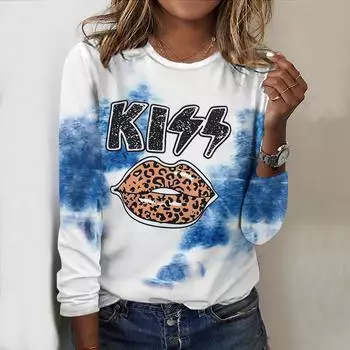 Топы для женщин с леопардовым принтом, принтами очков и губ, круглым вырезом, длинным рукавом, футболка, осенний повседневный тонкий пуловер, женский топ с длинным рукавом XS розовый