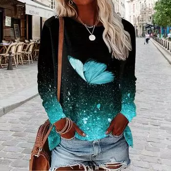 Топы для женщин с принтом 3D-бабочки и бриллиантами, круглый вырез, длинный рукав, футболка, осенний повседневный тонкий пуловер, женский топ с длинным рукавом XS красный