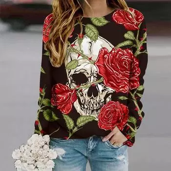 Топы для женщин с принтом 3D черепа, цветов, бабочек, круглой горловиной и длинными рукавами, осенняя повседневная тонкая кофта-пуловер, женский топ с длинными рукавами XS розовый