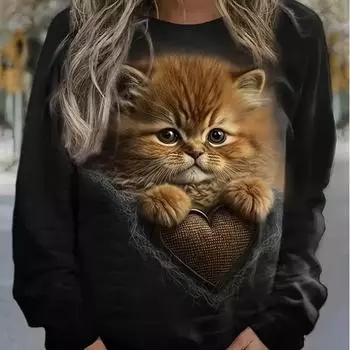 Топы для женщин с принтом 3D Cute Angry Cat, круглый вырез, длинный рукав, футболка, осенний повседневный тонкий пуловер, женский топ с длинным рукавом XS фиолетовый