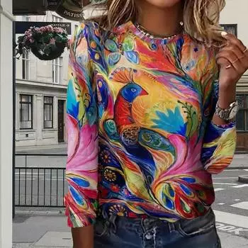 Топы для женщин с принтом 3D-цветного феникса, круглым вырезом и длинными рукавами, футболка, осенний повседневный тонкий пуловер, женский топ с длинными рукавами XS розовый