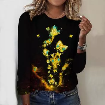 Топы для женщин с принтом 3D фейерверков и бабочек, круглый вырез, длинный рукав, футболка, осенний повседневный тонкий пуловер, женский топ с длинным рукавом XS розовый