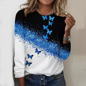 Топы для женщин с принтом 3D красочных бабочек, круглым вырезом и длинным рукавом, футболка, осенний повседневный тонкий пуловер, женский топ с длинным рукавом XS розовый
