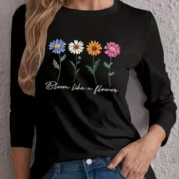 Топы для женщин с принтом 3D маленьких полевых цветов, круглый вырез, длинный рукав, футболка, осенний повседневный тонкий пуловер, женский топ с длинным рукавом XS белый