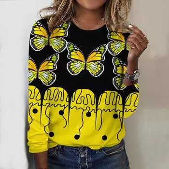 Топы для женщин с принтом 3D пальмовых бабочек, круглым вырезом и длинным рукавом, футболка, осенний повседневный тонкий пуловер, женский топ с длинным рукавом XS фиолетовый