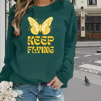 Топы для женщин с принтом бабочек и надписей, круглым вырезом и длинным рукавом, футболка, осенний повседневный тонкий пуловер, женский топ с длинным рукавом XS розовый