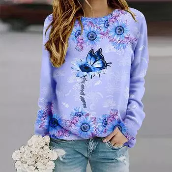 Топы для женщин с принтом бабочки и подсолнуха, круглый вырез, длинный рукав, футболка, осенний повседневный тонкий пуловер, женский топ с длинным рукавом XS розовый