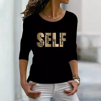 Топы для женщин с принтом блестящих букв 3D, круглый вырез, длинный рукав, футболка, осенний повседневный тонкий пуловер, женский топ с длинным рукавом XS чёрный