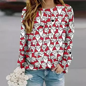 Топы для женщин с принтом Cat Love Santa Claus, круглым вырезом и длинными рукавами, осенний повседневный тонкий пуловер, женский топ с длинными рукавами XS розовый