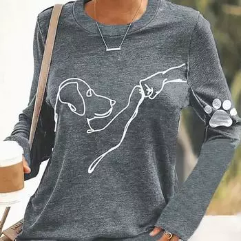 Топы для женщин с принтом «человеческие отношения с собаками» и круглым вырезом, футболка с длинным рукавом, осенний повседневный тонкий пуловер, женский топ с длинным рукавом XS синий