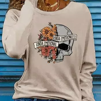 Топы для женщин с принтом черепа и цветов, круглый вырез, длинный рукав, футболка, осенний повседневный тонкий пуловер, женский топ с длинным рукавом XS белый